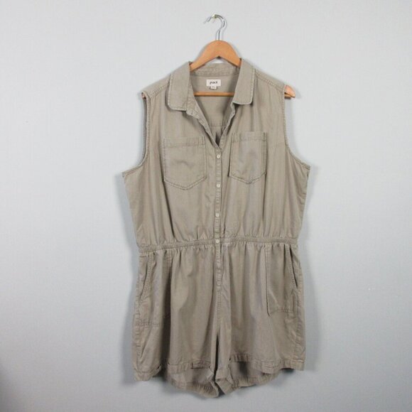 Pact Safari Romper Shortalls Women XXL Beige Organic Cotton Resort Coastal 388 - Picture 1 of 14